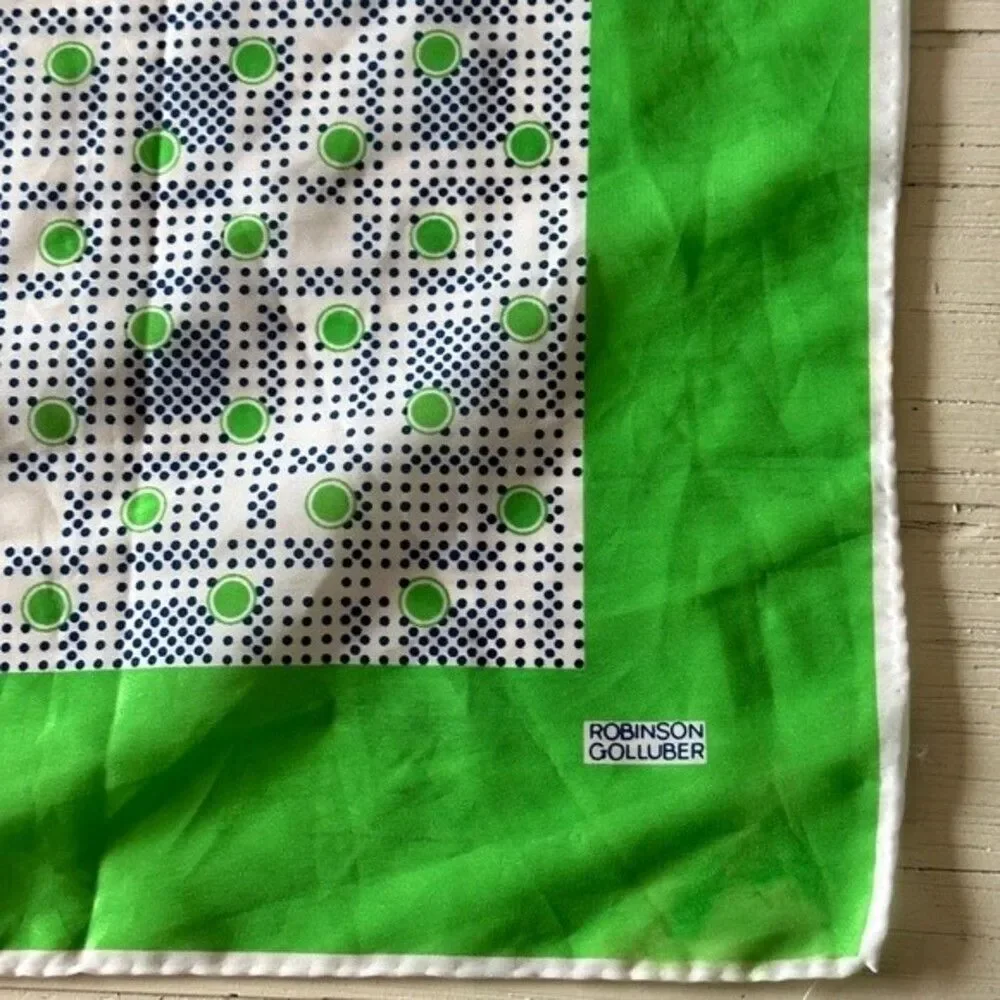 Vintage 70's White Lime Green Polka Dot Silk Rayon Scarf Square Glamour Retro